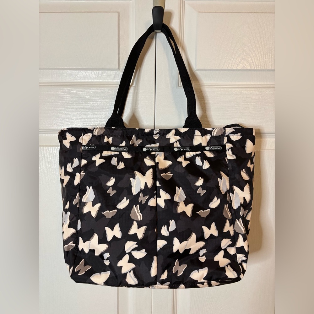 Lesportsac Black Tote with White/Gray Butterfly Print